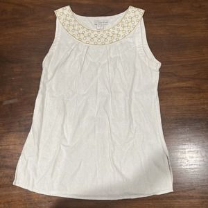 Lucy &Laurel shirt‎ women’s medium white sleeveless linen blend gold embroidery